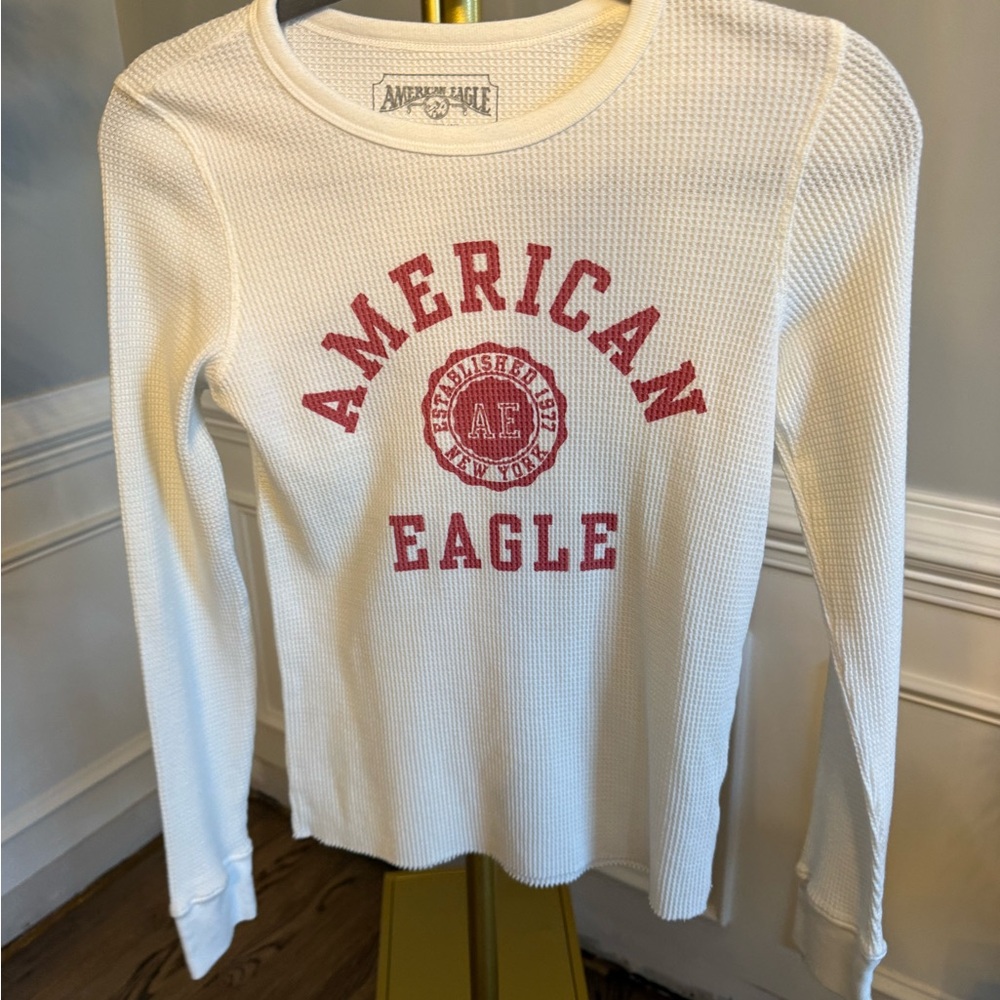 Vintage Y2K American Eagle Women's Red White Shirt Long Sleeve Small